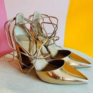 ASOS DESIGN Power Trip Tie Leg Block Heels in Rose Gold - 8